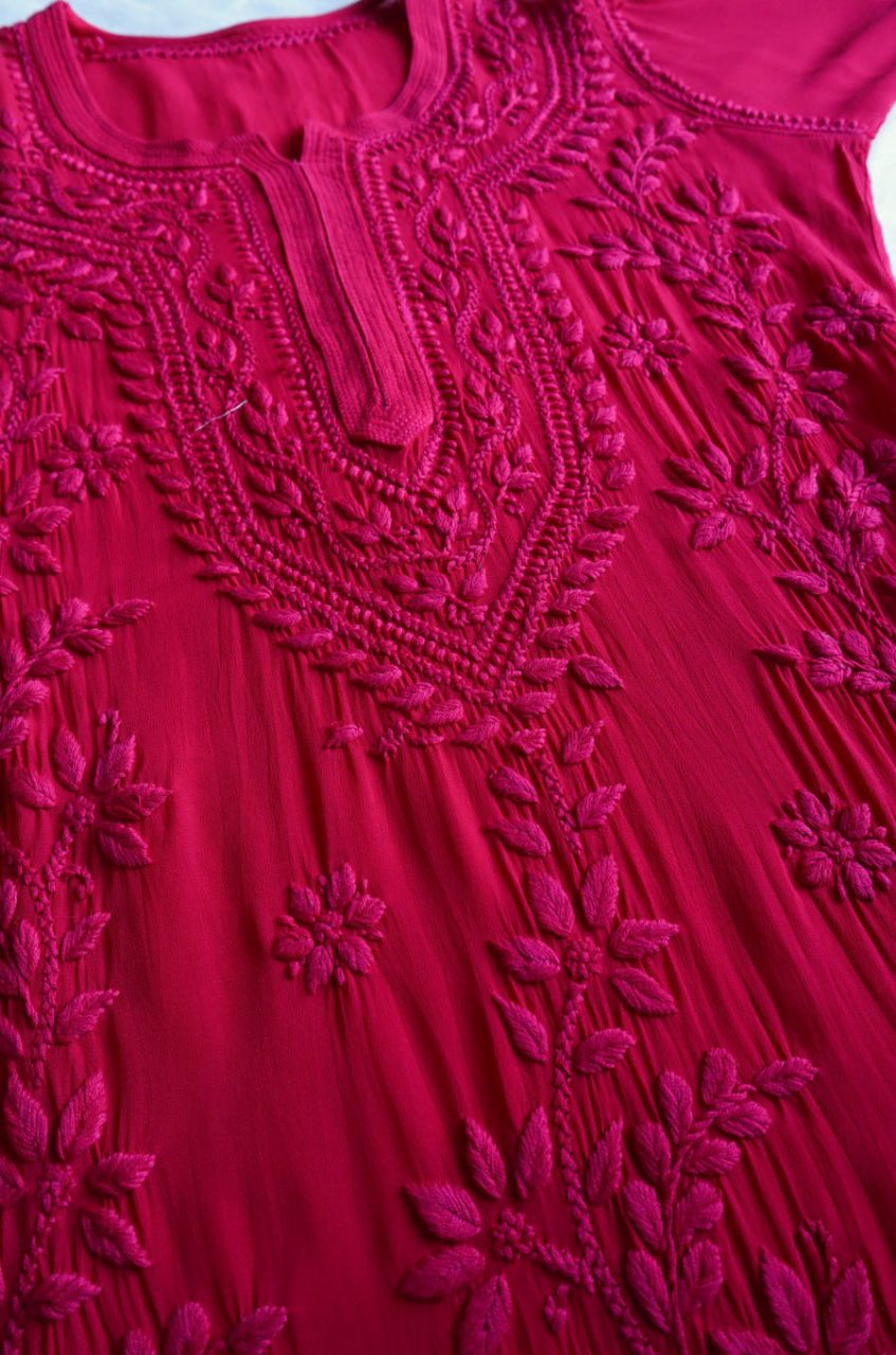 PIYU VISCOSE GEORGETTE LONG HANDWORK KURTI IN MAGENTA PINK. view 5