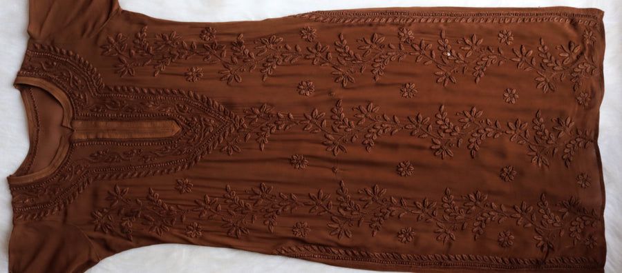 PIYU VISCOSE GEORGETTE LONG HANDWORK KURTI IN CHOCOLATE BROWN. view 4