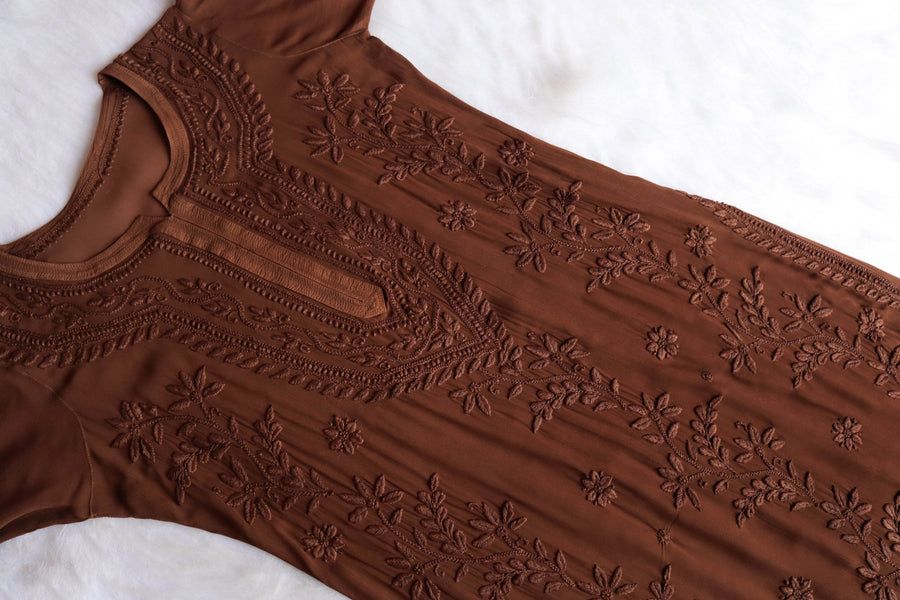 PIYU VISCOSE GEORGETTE LONG HANDWORK KURTI IN CHOCOLATE BROWN. view 3