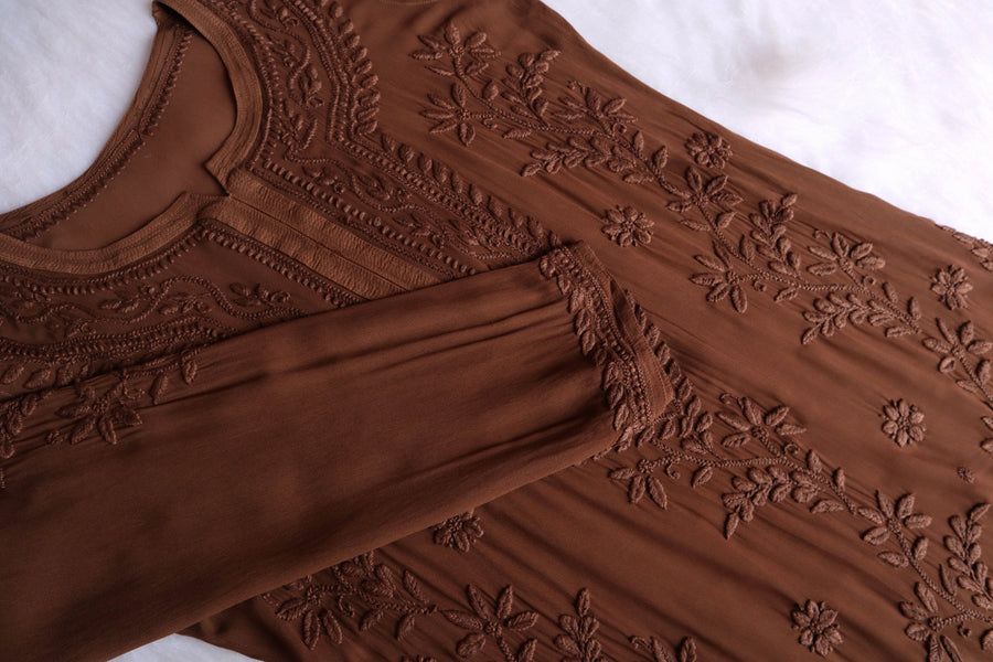 PIYU VISCOSE GEORGETTE LONG HANDWORK KURTI IN CHOCOLATE BROWN. view 2