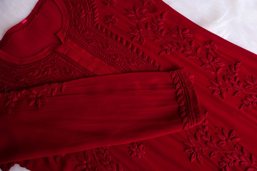 PIYU VISCOSE GEORGETTE LONG HANDWORK KURTI IN MAROON. view 2