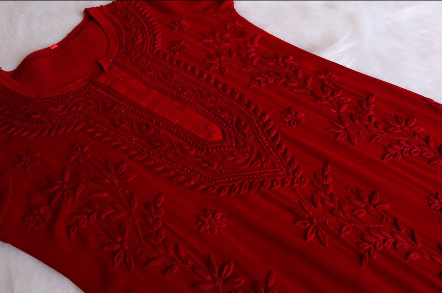 PIYU VISCOSE GEORGETTE LONG HANDWORK KURTI IN MAROON. view 3