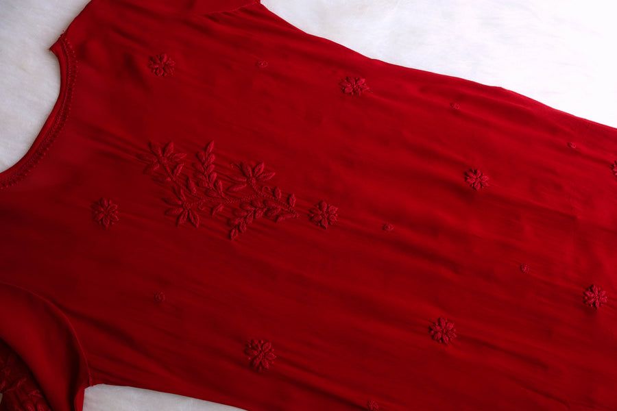 PIYU VISCOSE GEORGETTE LONG HANDWORK KURTI IN MAROON. view 6