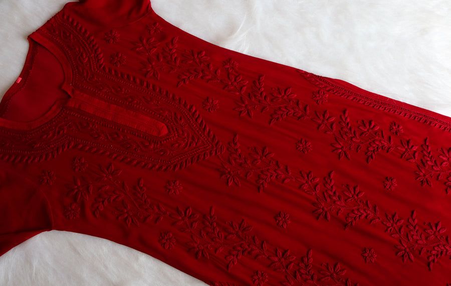 PIYU VISCOSE GEORGETTE LONG HANDWORK KURTI IN MAROON. view 4