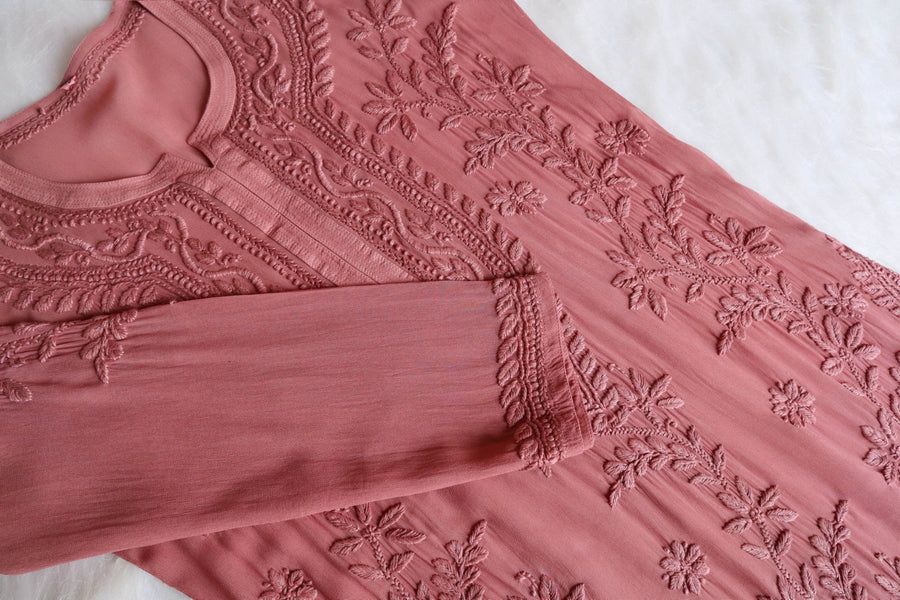 PIYU VISCOSE GEORGETTE LONG HANDWORK KURTI IN ROSE PINK. view 2
