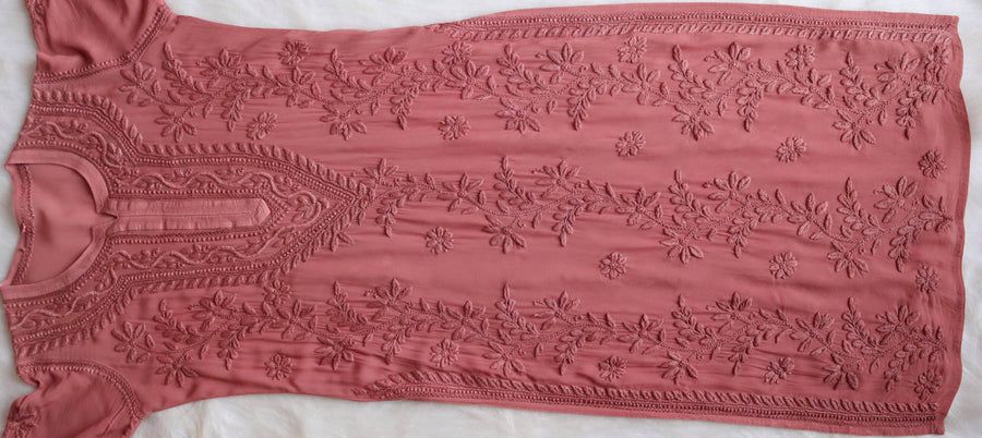 PIYU VISCOSE GEORGETTE LONG HANDWORK KURTI IN ROSE PINK. view 5