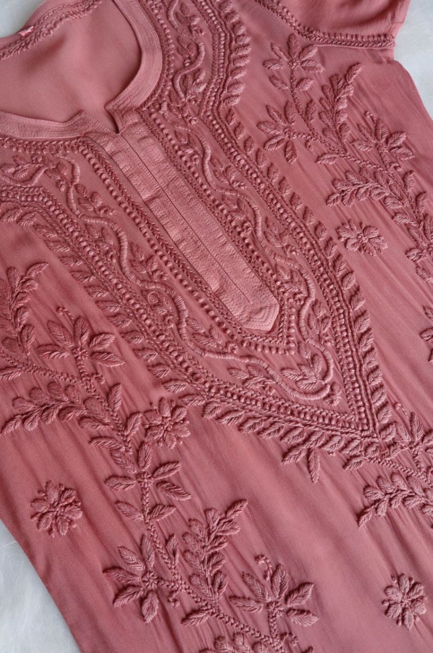 PIYU VISCOSE GEORGETTE LONG HANDWORK KURTI IN ROSE PINK. view 3