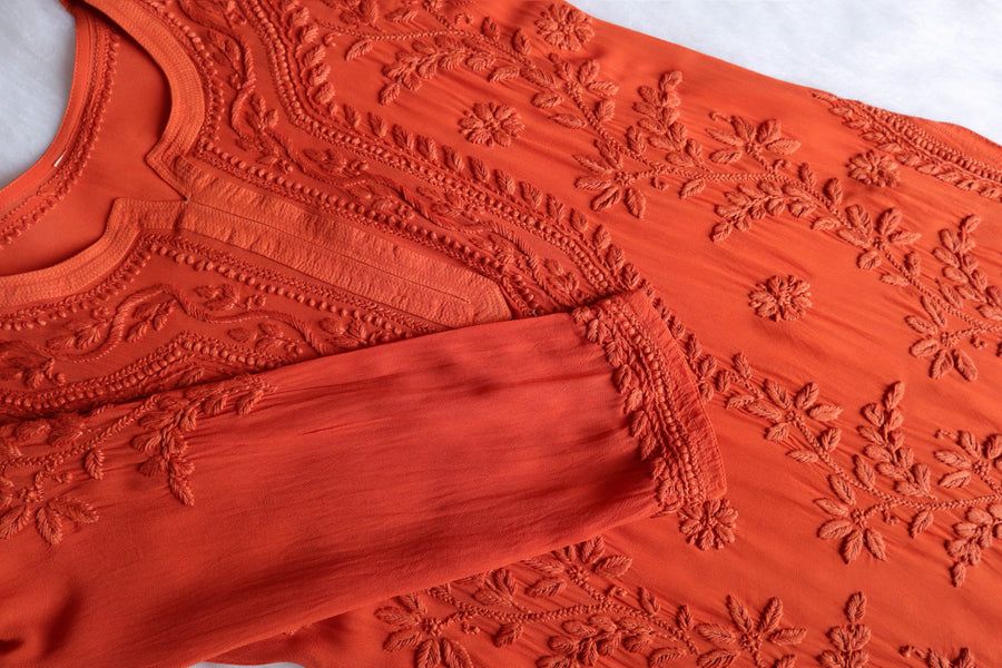 PIYU VISCOSE GEORGETTE LONG HANDWORK KURTI IN RUST SHADE. view 3