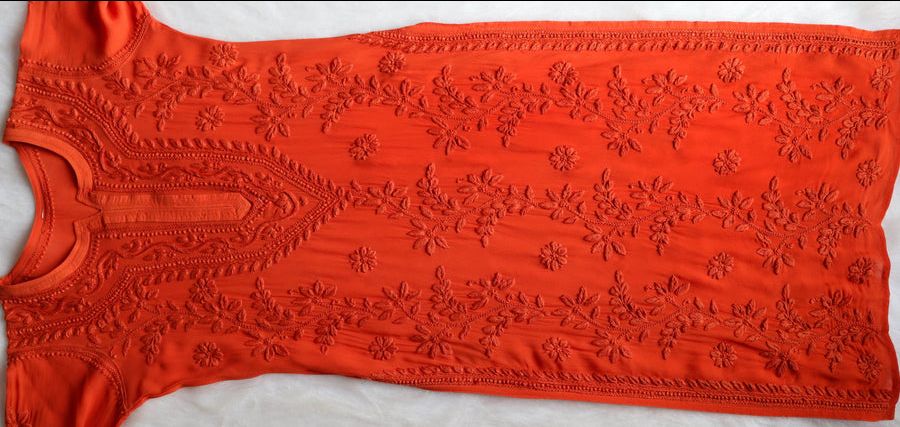 PIYU VISCOSE GEORGETTE LONG HANDWORK KURTI IN RUST SHADE. view 6