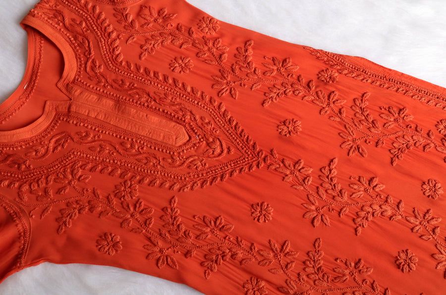 PIYU VISCOSE GEORGETTE LONG HANDWORK KURTI IN RUST SHADE. view 2