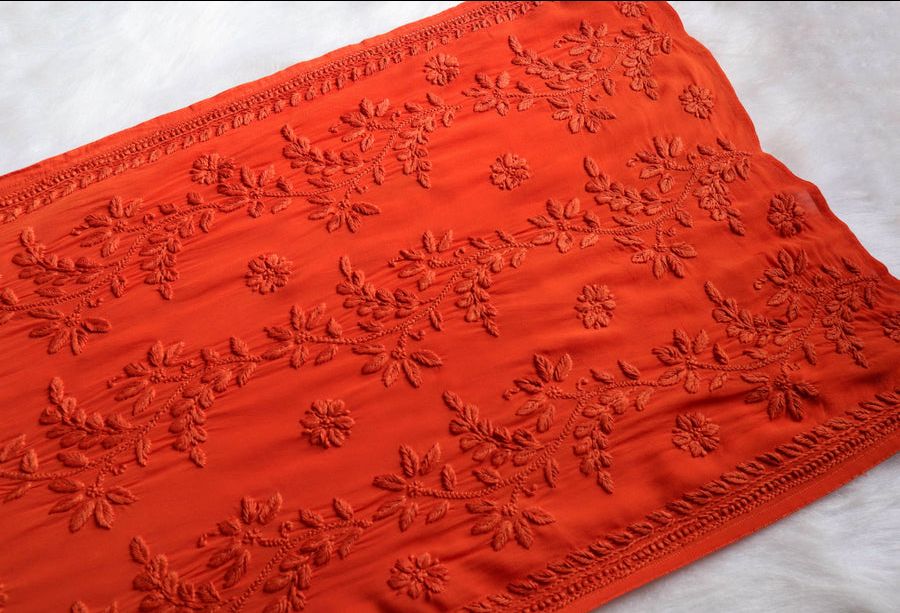 PIYU VISCOSE GEORGETTE LONG HANDWORK KURTI IN RUST SHADE. view 5