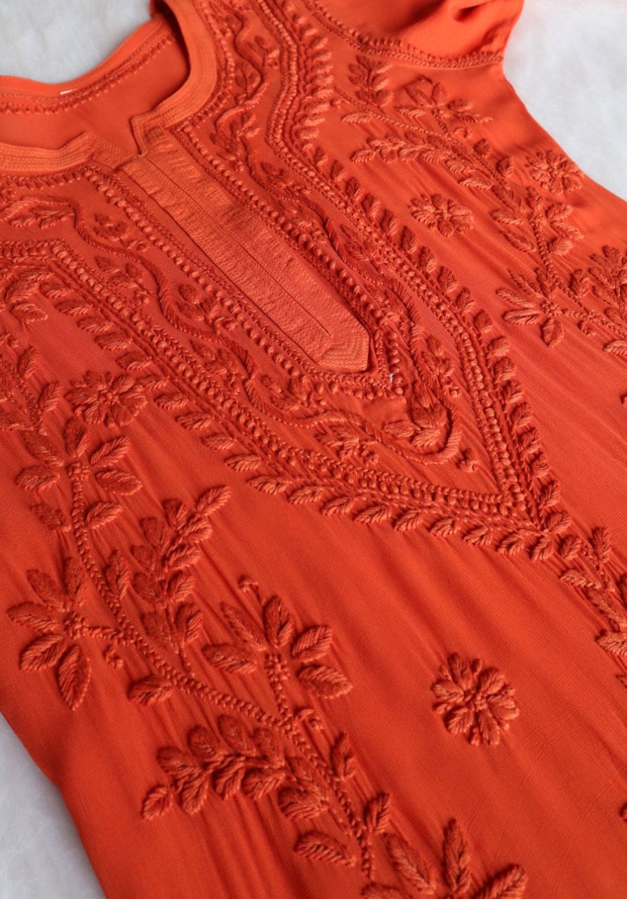 PIYU VISCOSE GEORGETTE LONG HANDWORK KURTI IN RUST SHADE. view 4