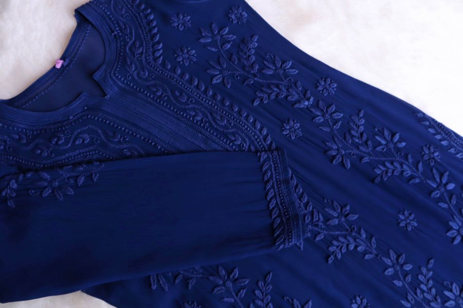 PIYU VISCOSE GEORGETTE LONG HANDWORK KURTI IN NAVY BLUE. view 2