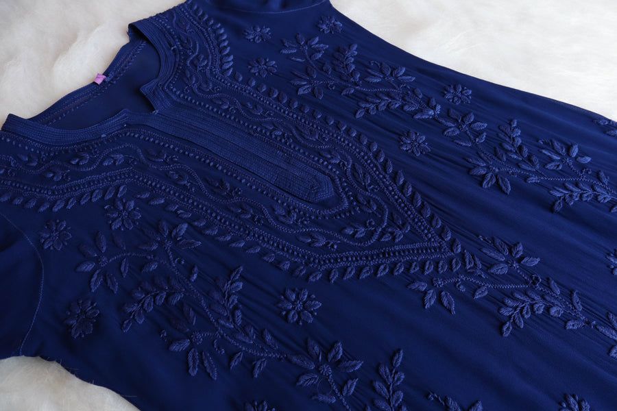 PIYU VISCOSE GEORGETTE LONG HANDWORK KURTI IN NAVY BLUE. view 3