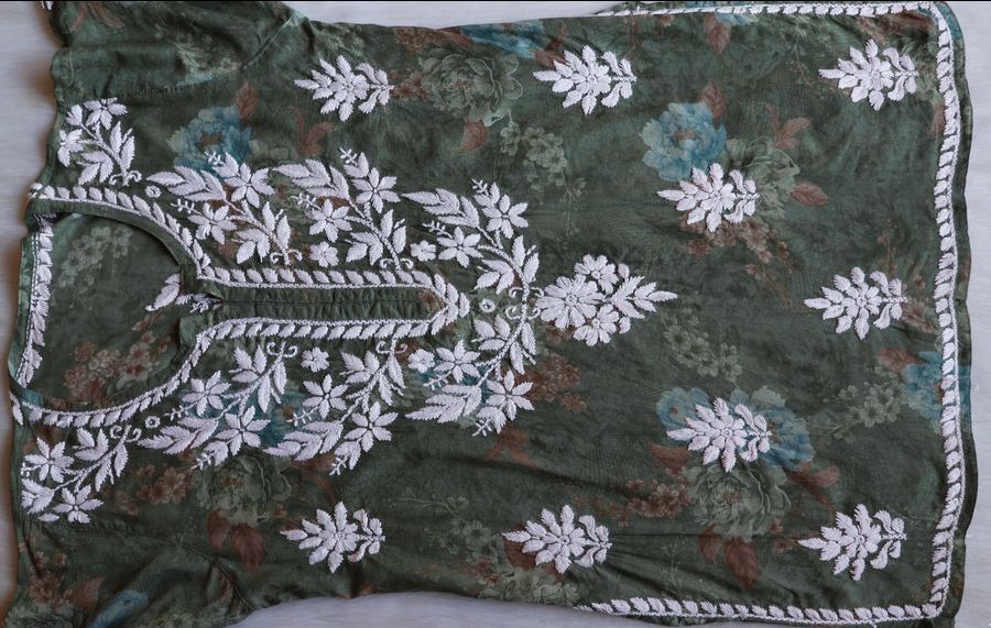 DIVA SHORT HANDWORK KURTI IN GREEN. view 3