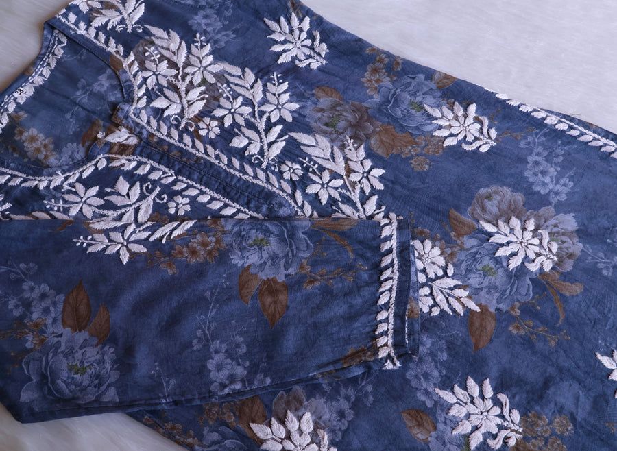 DIVA SHORT MULMUL HANDWORK KURTI IN BLUE. view 2