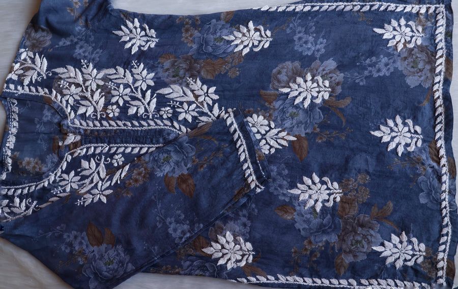 DIVA SHORT MULMUL HANDWORK KURTI IN BLUE. view 3