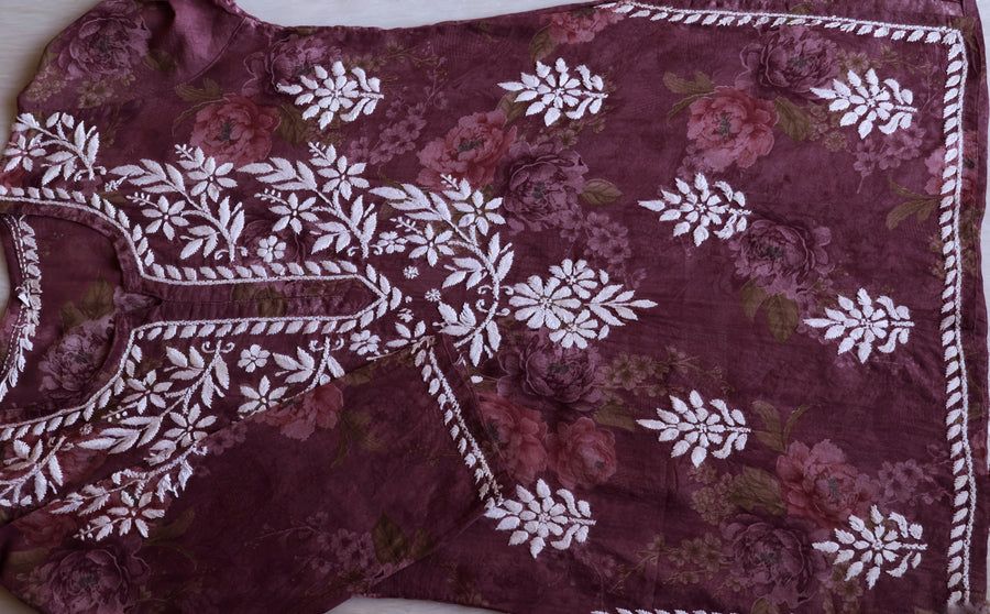 DIVA SHORT MULMUL HANDWORK KURTI IN MAUVE. view 2
