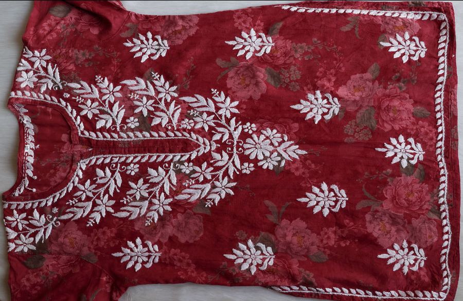 DIVA MULMUL SHORT HANDWORK KURTI IN MAROON. view 3