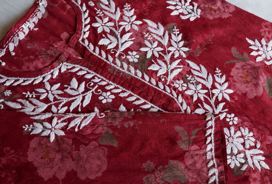 DIVA MULMUL SHORT HANDWORK KURTI IN MAROON. view 2