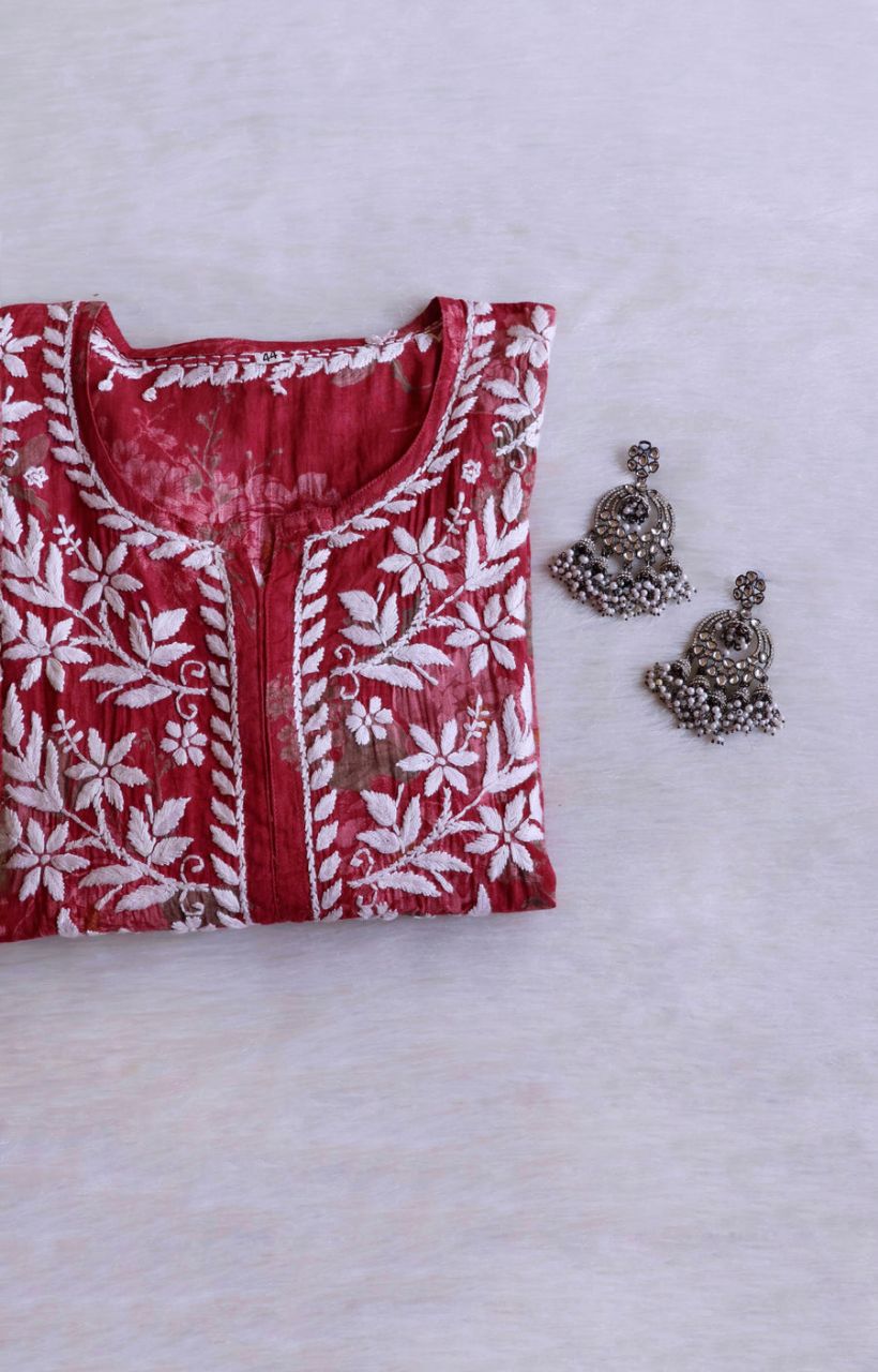 DIVA MULMUL SHORT HANDWORK KURTI IN MAROON.