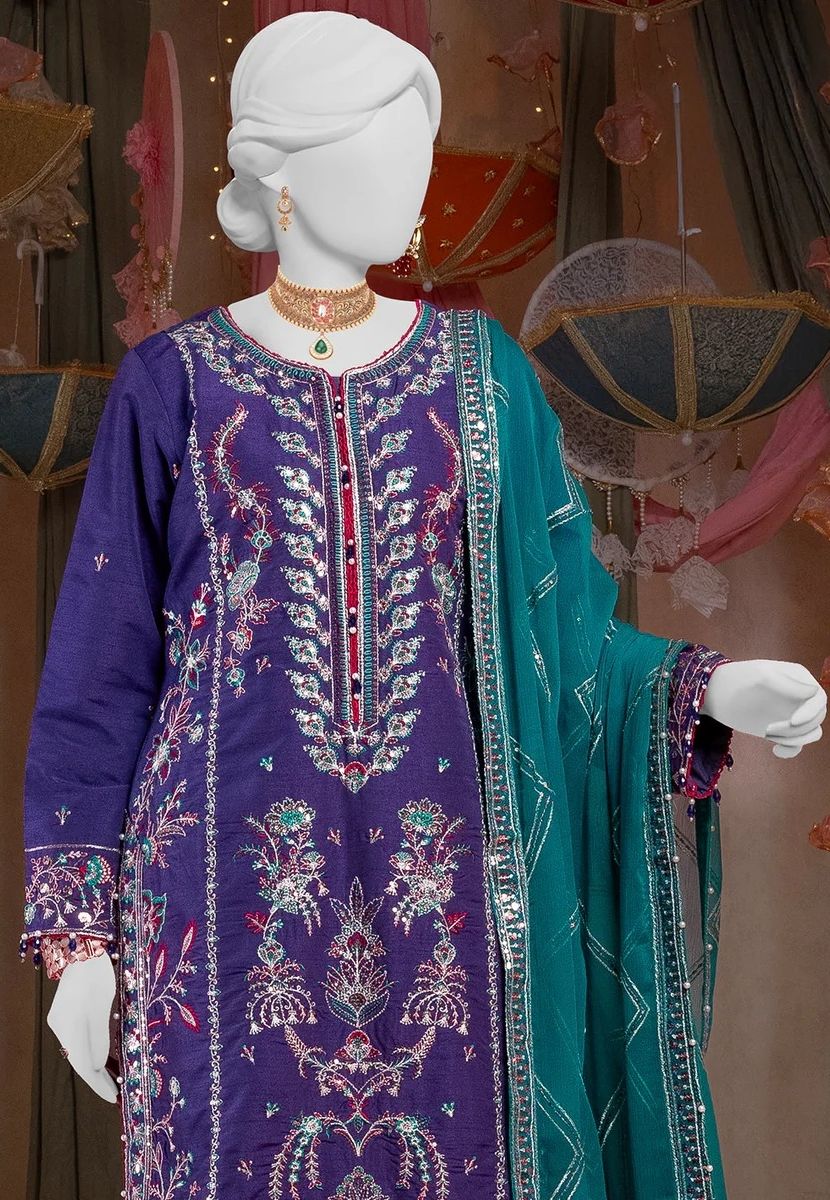 Raw Silk Purple Embroidered Suit / DF0010 view 2