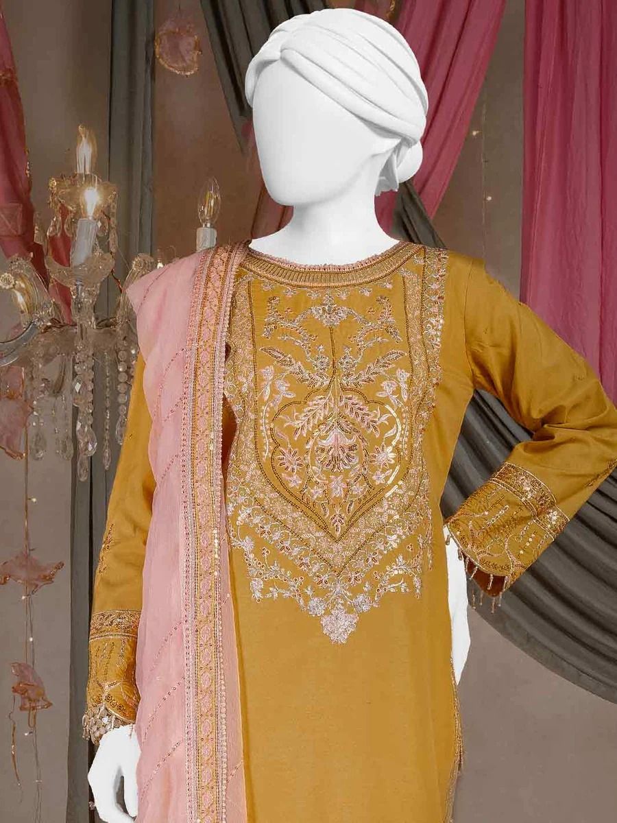 Raw Silk Mustard Embroidered Suit / DF0010 view 2
