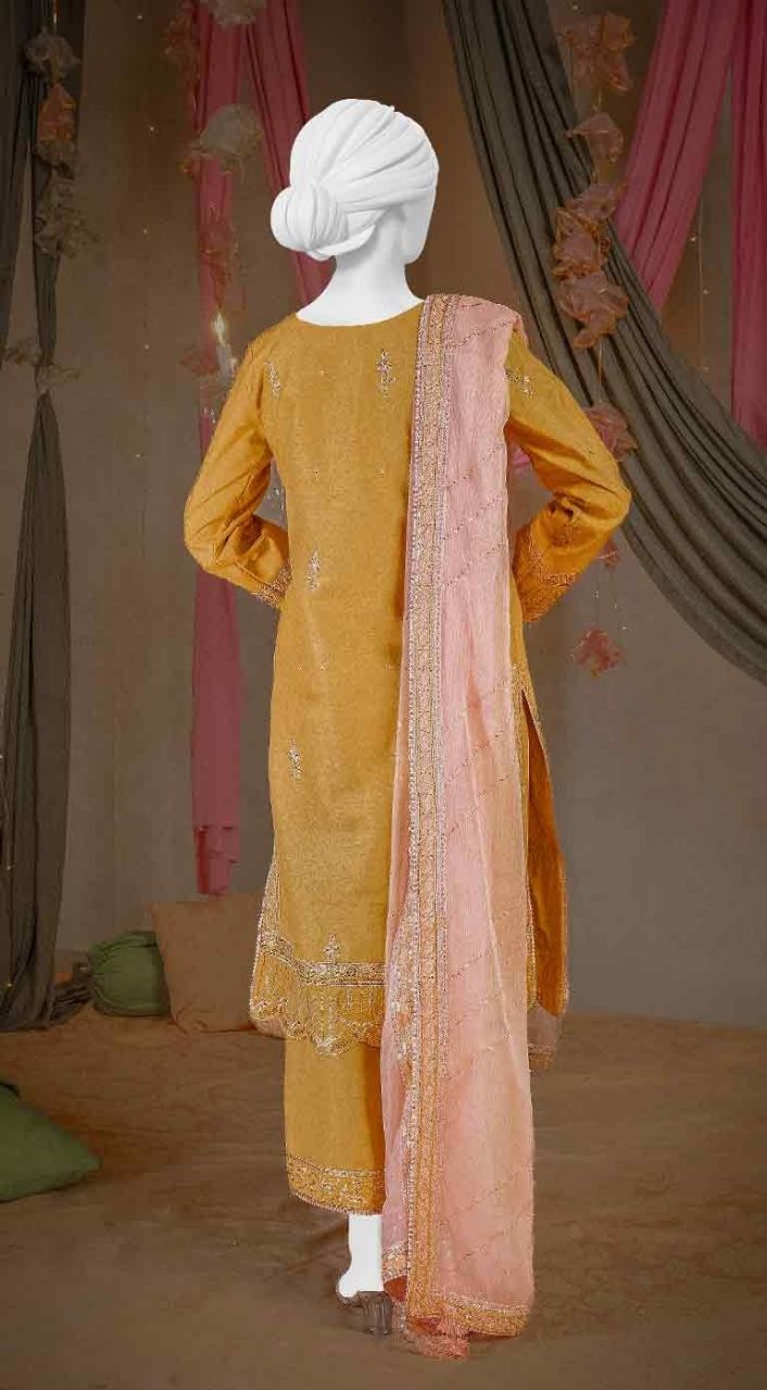 Raw Silk Mustard Embroidered Suit / DF0010 view 3