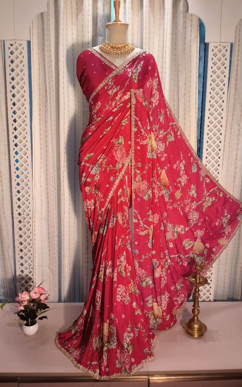 Pure Chinnon Digital Print With Hand Work Saree view 2