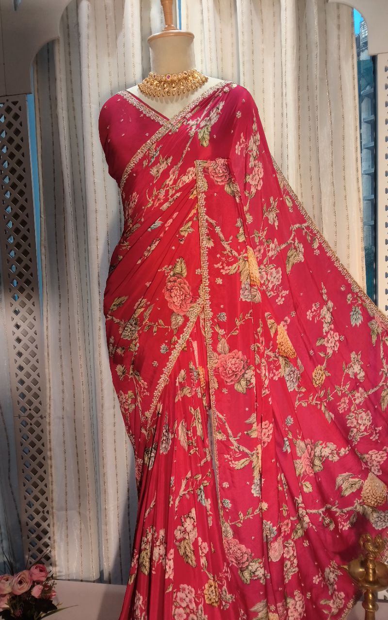Pure Chinnon Digital Print With Hand Work Saree view 6