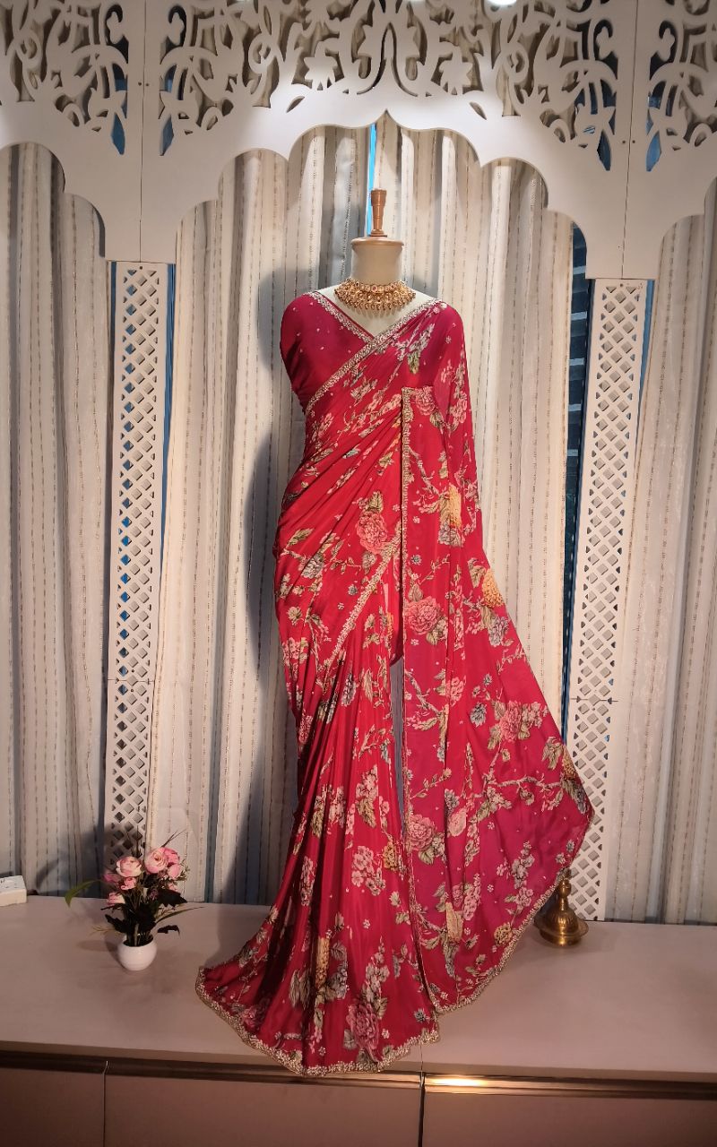 Pure Chinnon Digital Print With Hand Work Saree view 5