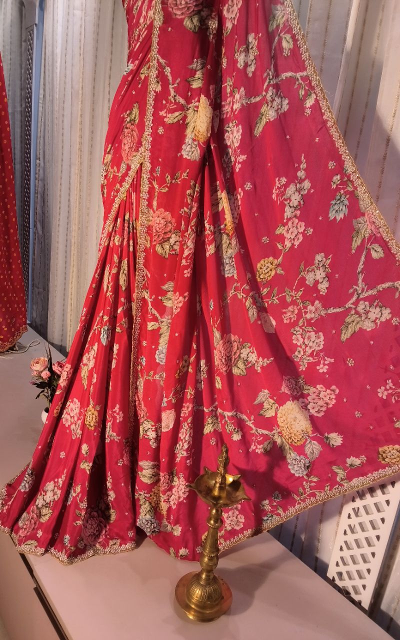 Pure Chinnon Digital Print With Hand Work Saree view 7