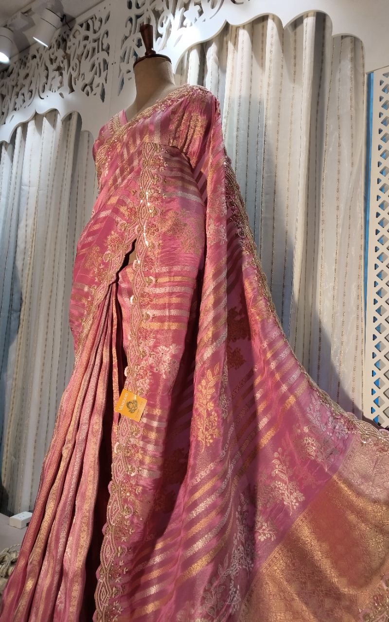Banarasi Silk Saree With Silver And Golden Stripe and Hand Work Full Border And Blouse view 7