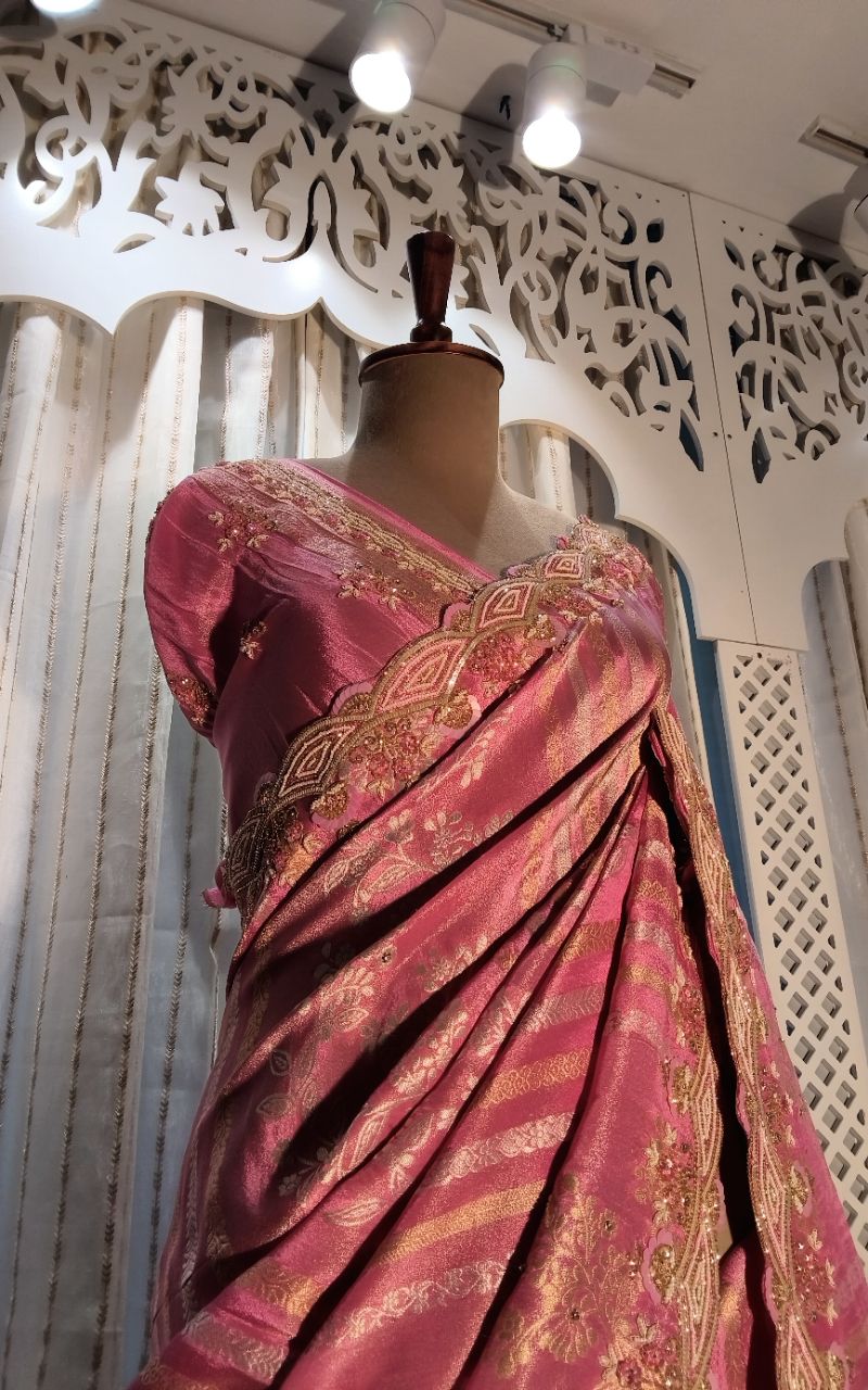 Banarasi Silk Saree With Silver And Golden Stripe and Hand Work Full Border And Blouse view 6