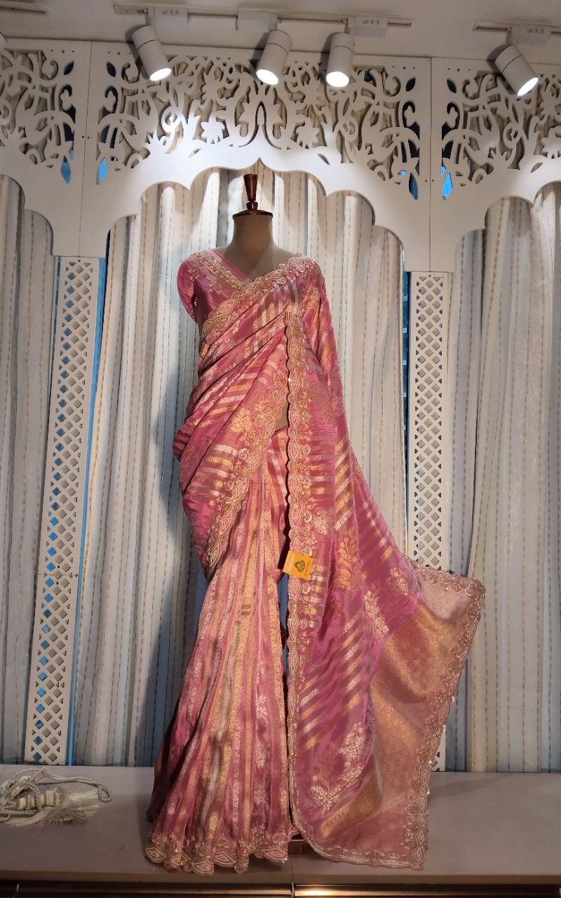 Banarasi Silk Saree With Silver And Golden Stripe and Hand Work Full Border And Blouse view 5