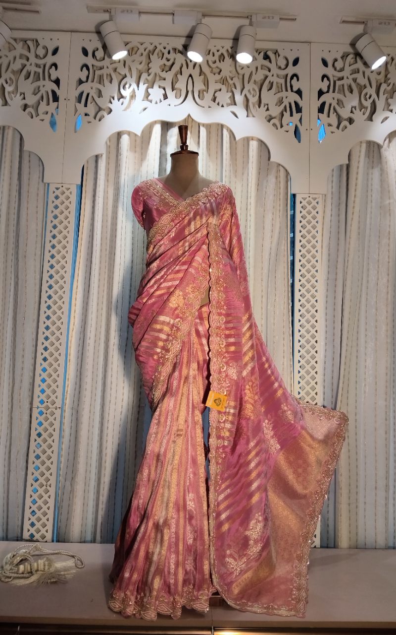 Banarasi Silk Saree With Silver And Golden Stripe and Hand Work Full Border And Blouse view 4