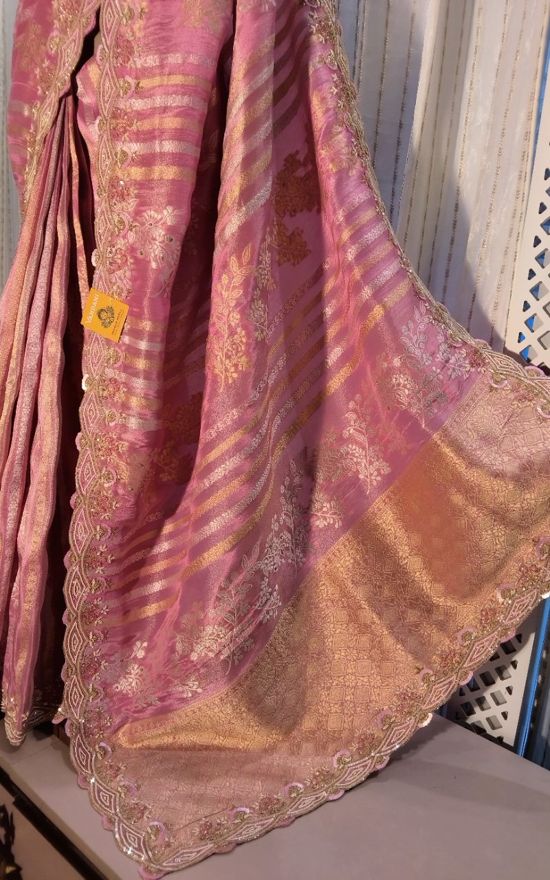 Banarasi Silk Saree With Silver And Golden Stripe and Hand Work Full Border And Blouse view 8