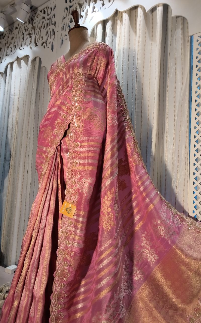 Banarasi Silk Saree With Silver And Golden Stripe and Hand Work Full Border And Blouse view 2