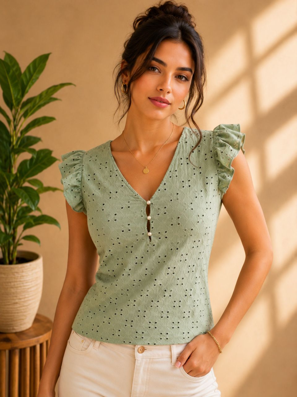 Green Eyelet Top view 2