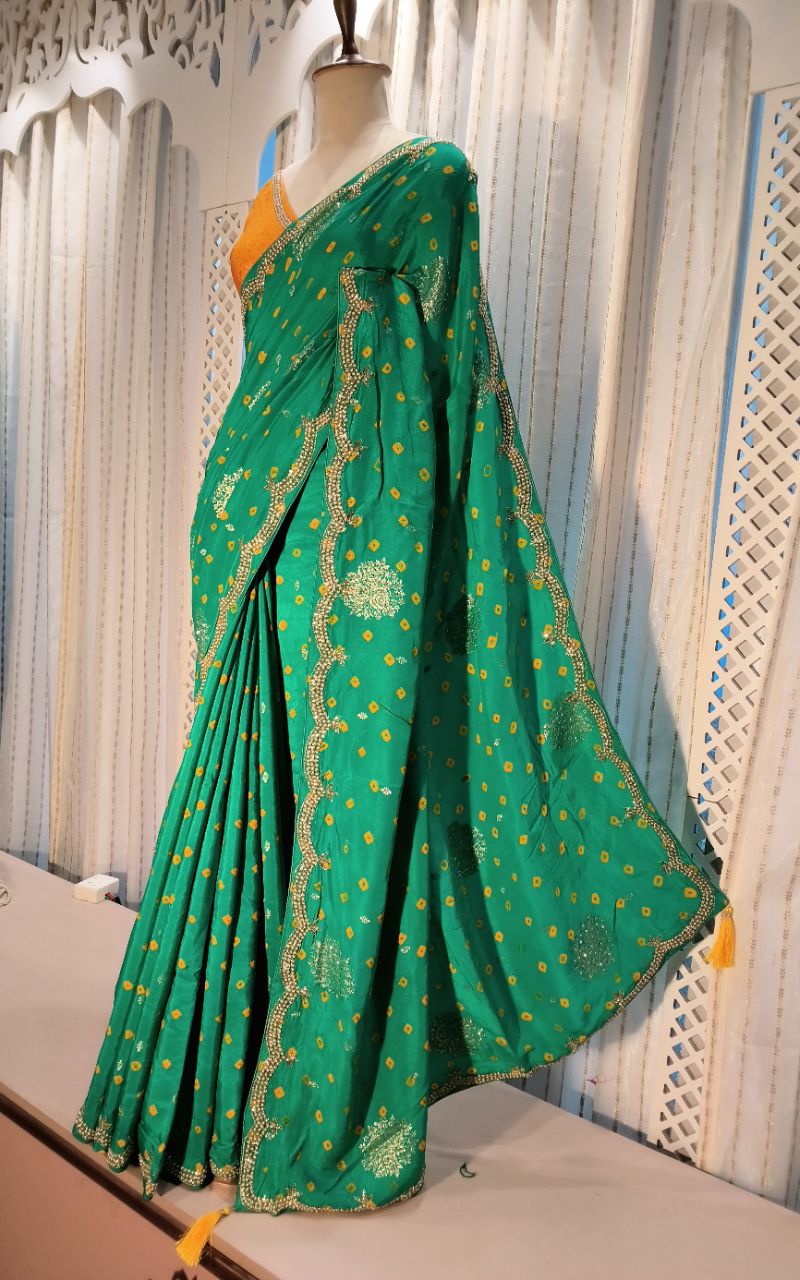 Dola Silk With Bandhni Print And Hand Work Saree view 4