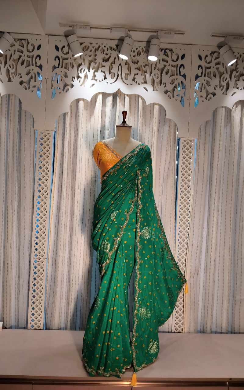Dola Silk With Bandhni Print And Hand Work Saree view 8
