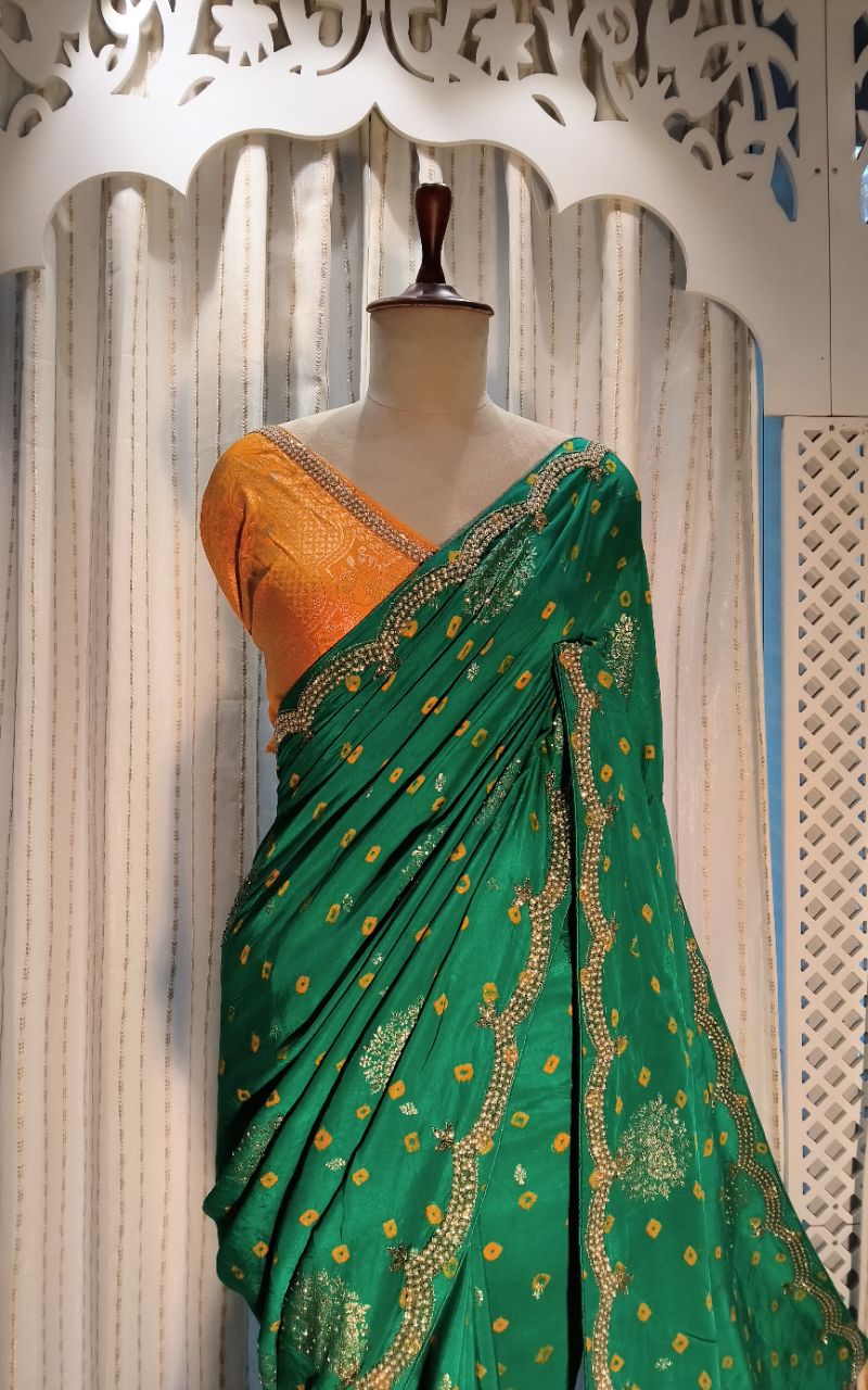 Dola Silk With Bandhni Print And Hand Work Saree view 2