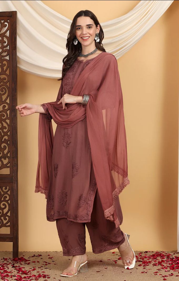 3 PIECE PURE MODAL LONG TONE TO TONE CHIKANKARI SET. view 2