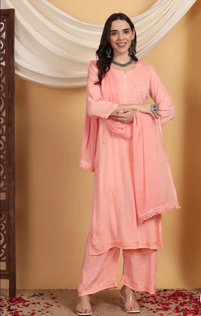 3 PIECE PURE MODAL LONG CHIKANKARI SET IN PEACH. view 2
