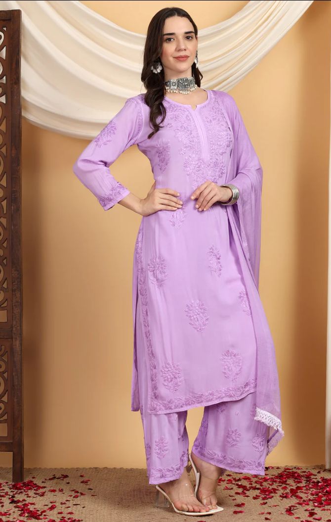 3 PIECE PURE MODAL LONG HANDWORK CHIKANKARI SET.🌸 view 2