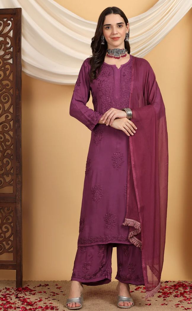 3 PIECE PURE MODAL LONG TONE TO TONE CHIKANKARI SET IN MAUVE. view 2