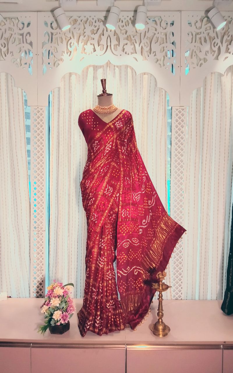 Modal silk gharchola hand bandhani saree view 5