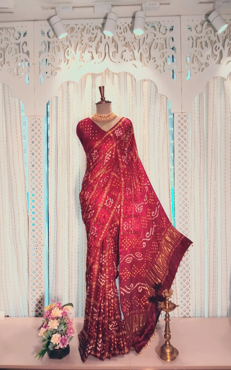 Modal silk gharchola hand bandhani saree view 2