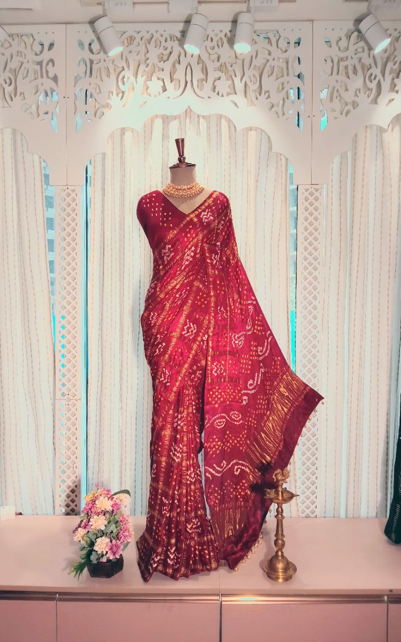 Modal silk gharchola hand bandhani saree view 9