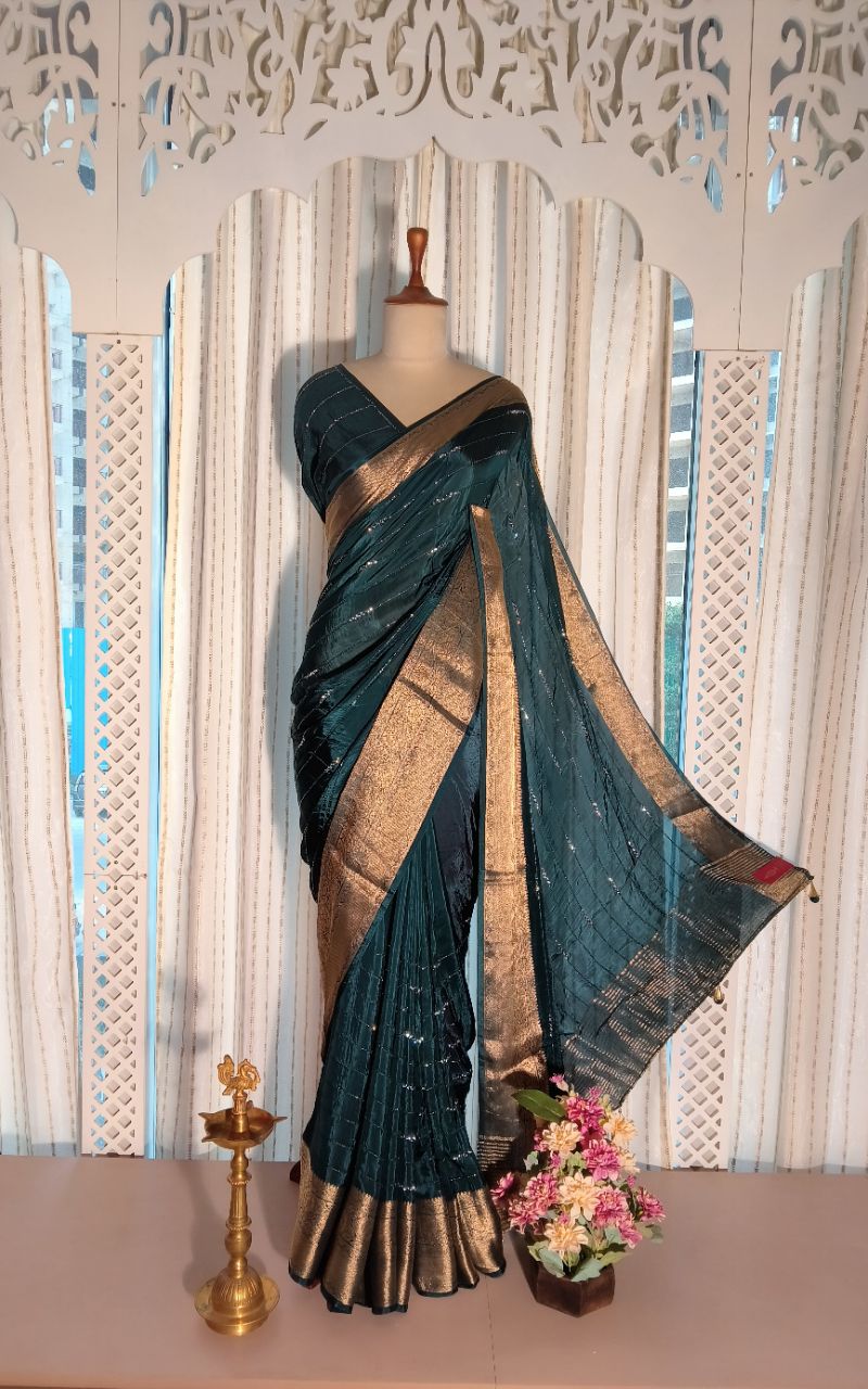 Banarasi border hank work russian silk saree view 5